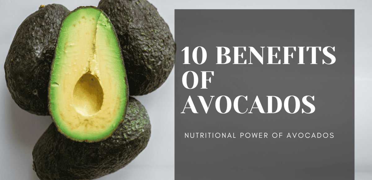 Avocado with text highlighting 10 health benefits