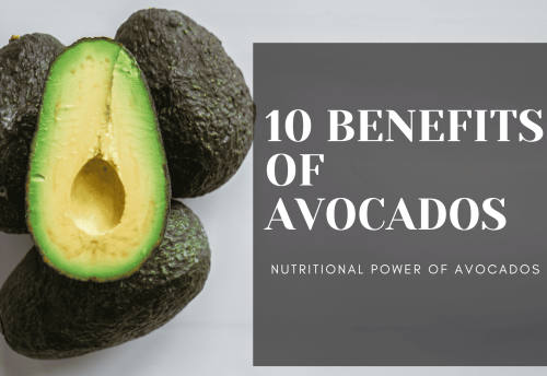 Avocado with text highlighting 10 health benefits