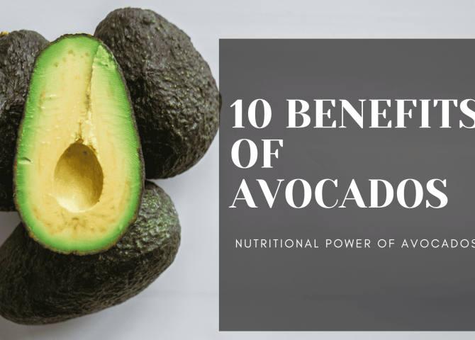 Avocado with text highlighting 10 health benefits